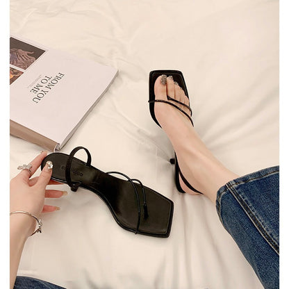 Thin Strap Square Toe Kitten Heel Sandals