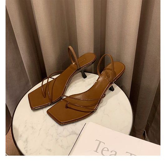 Thin Strap Square Toe Kitten Heel Sandals